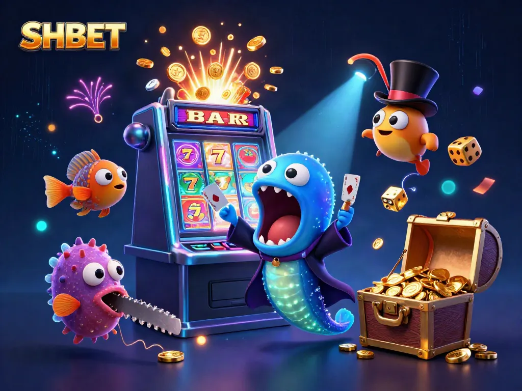 Experience thrill at SHBET with a dynamic 3D casino scene featuring vibrant games and characters.