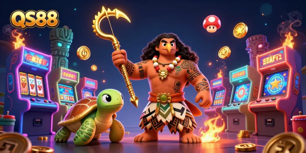Experience exciting gaming wins at QS88 with a dynamic casino-themed 3D illustration packed with action.
