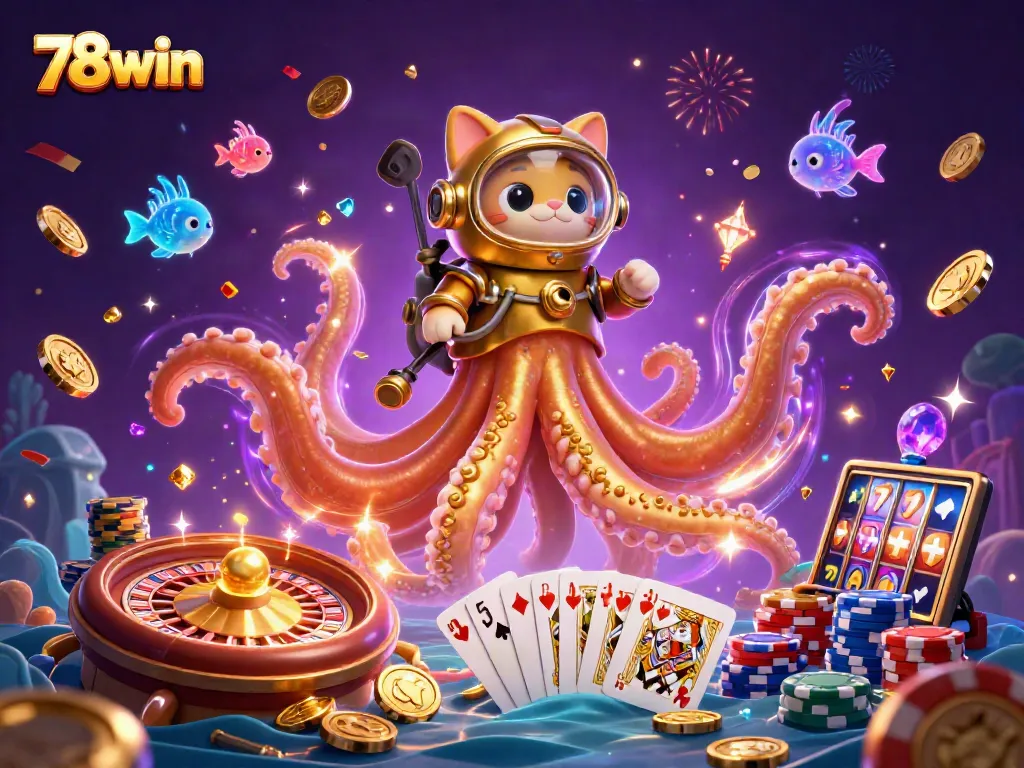 Experience exciting gameplay with 78win's vibrant kraken and diving cat in a dynamic casino scene.