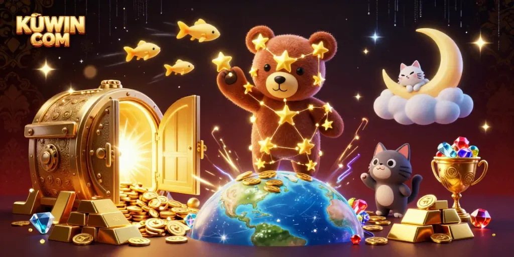 Engage with KUWIN COM's vibrant casino adventure collecting treasures amidst a starry night.
