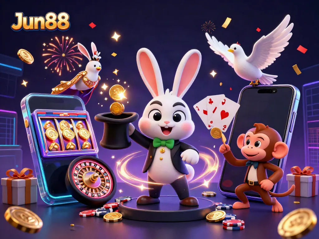 Experience fun gaming with Jun88 as the magician rabbit pulls coins and a monkey steals poker chips.