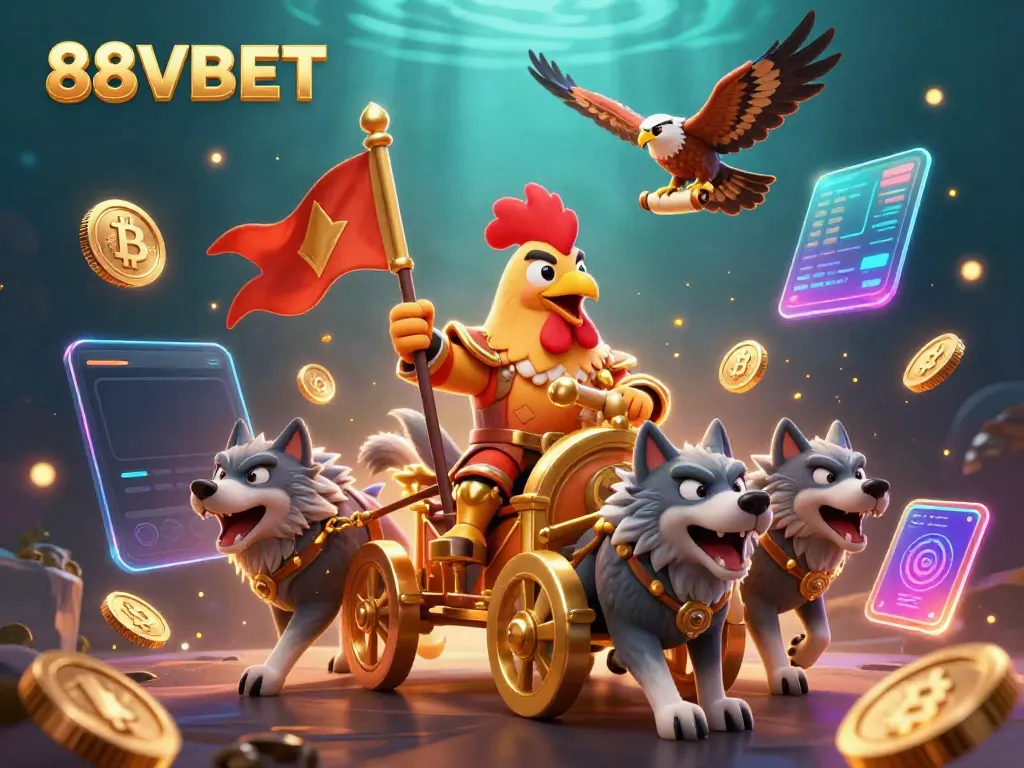 Bet on the thrilling energy of 88VBET with a dynamic 3D scene showcasing a cartoon rooster warlord and crypto elements.
