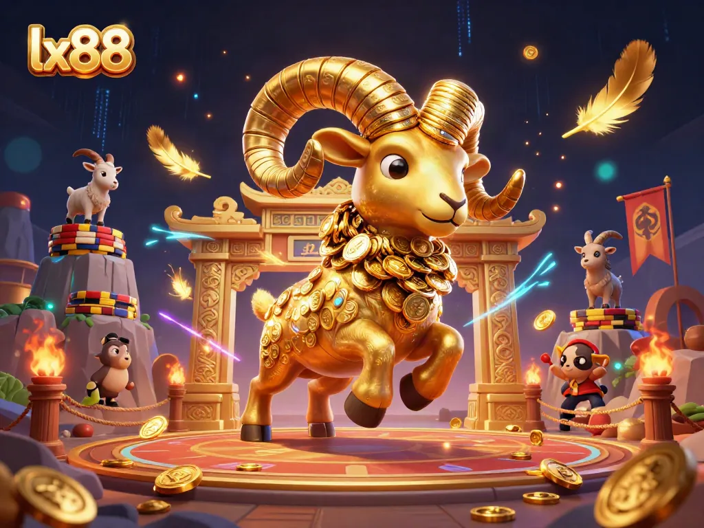 LX88 features a golden ram charging through a dynamic casino scene filled with coins and game elements.