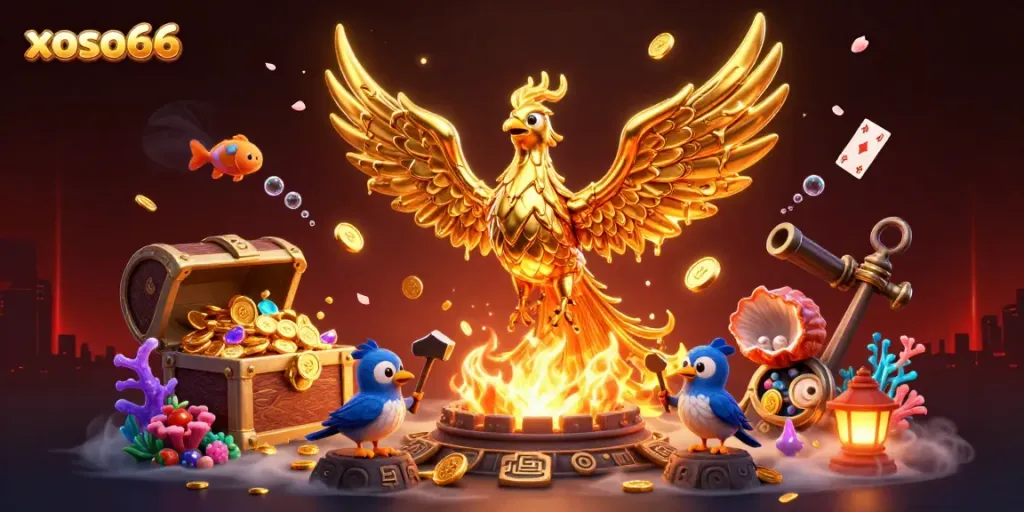 Experience the excitement of xoso66 with stunning 3D golden phoenix and treasure elements in a dynamic casino scene.