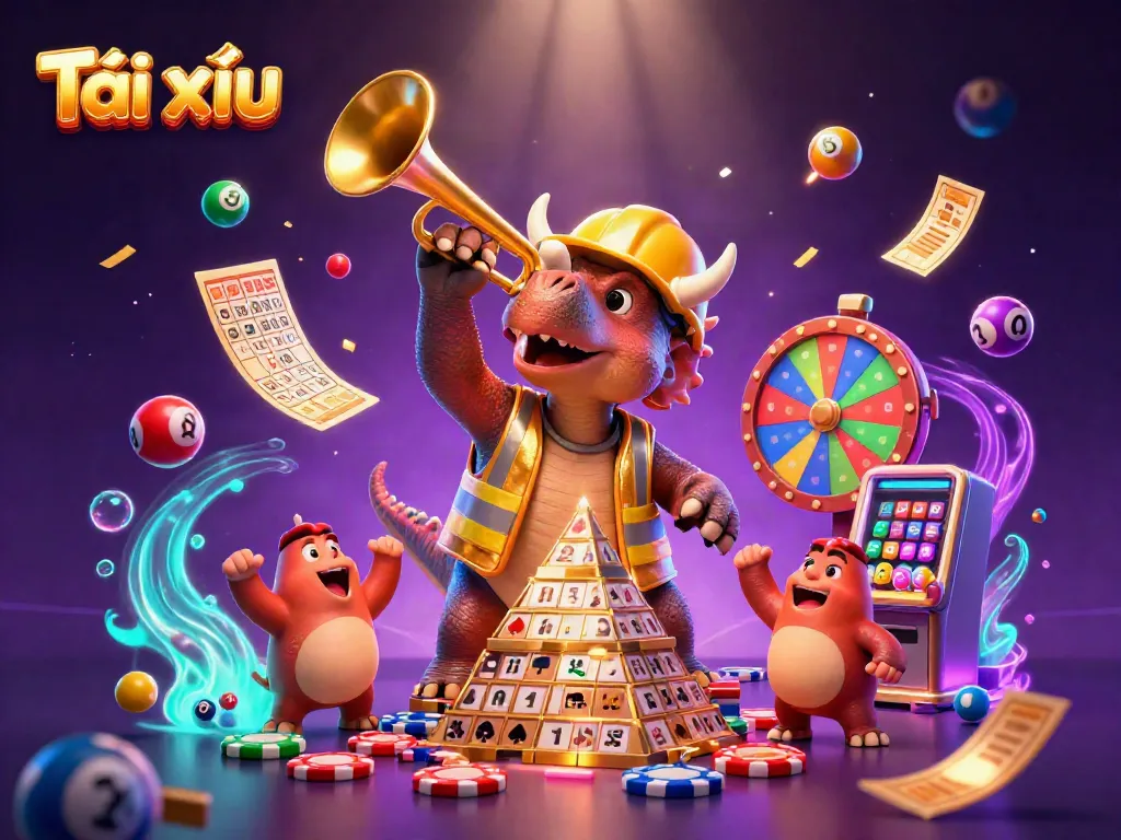 Engaging Tài xỉu online scene with cartoon dinosaurs celebrating over vibrant casino elements and glowing effects.