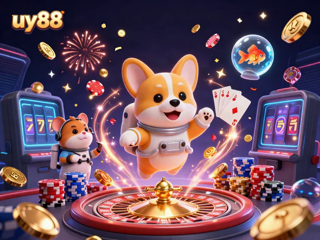 Experience the thrilling space casino adventure at uy88 with floating treasures and lively characters!