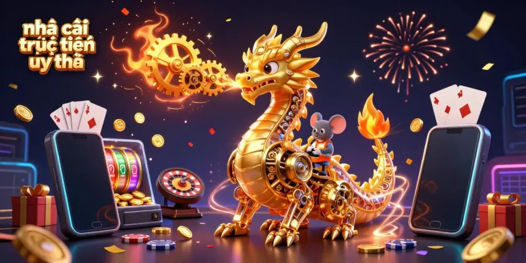 Engage with nhà cái trực tuyến uy tín in a vibrant 3D casino world filled with gold, games, and excitement.