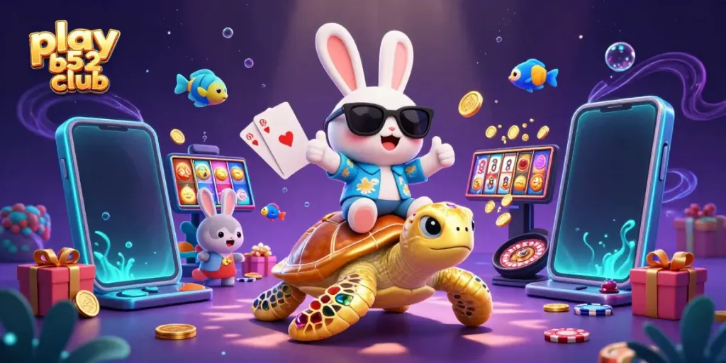 Engage with the excitement to play B52 Club, featuring a lucky rabbit and a golden turtle in a vibrant casino scene.