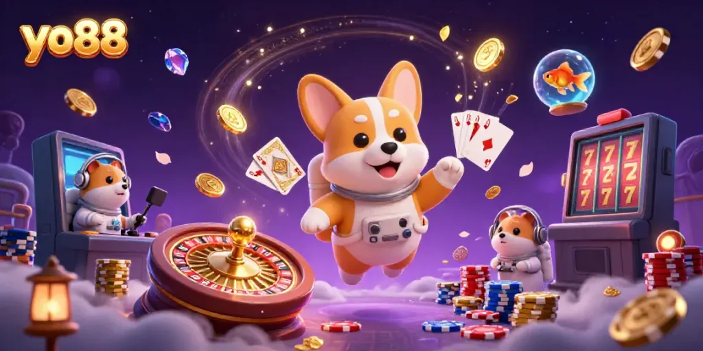 Experience the excitement of yo88 at a space casino with a lively astronaut corgi and vibrant gaming elements.