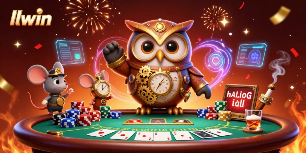 Engage with llwin's exciting casino experience featuring a time-traveler owl and vibrant gaming elements
