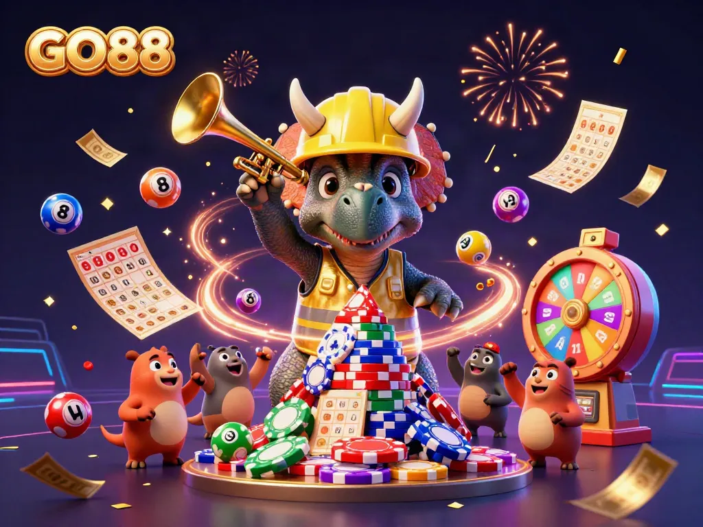Celebrate winning at GO88 with an illustrated scene of joyful characters amidst vibrant casino game elements.