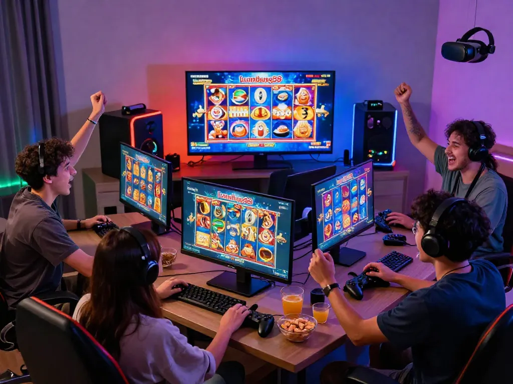 Friends enjoying online slot games from lumbung88 in a lively gaming room