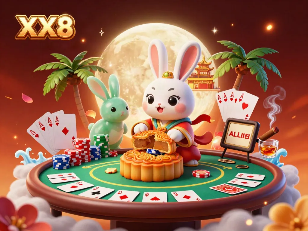 Experience the thrilling world of gambling with XX8, where a moon rabbit reveals poker chips inside mooncakes.