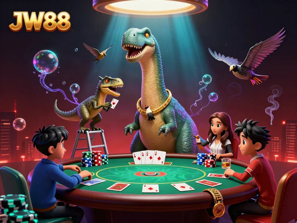 Engaging JW88 casino scene with a giant brontosaurus and clever raptor at a poker table, surrounded by vibrant game elements.