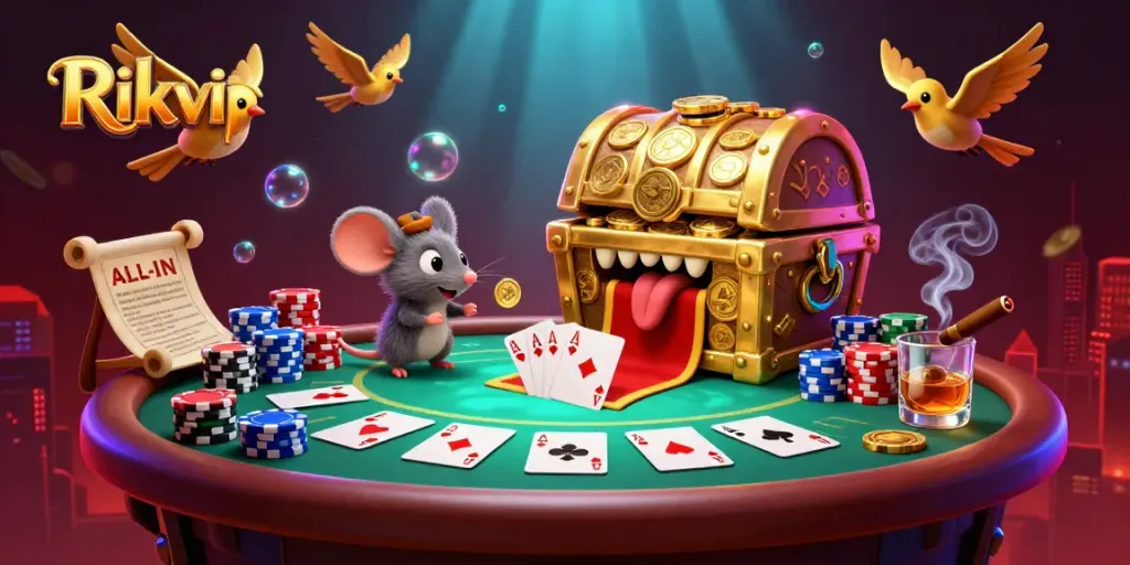 Play exciting games at Rikvip with a vibrant scene of adventure and gambling elements.