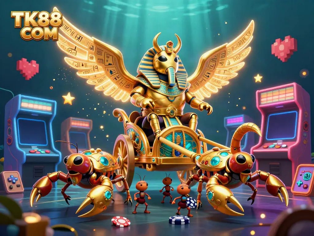 Engage with TK88 COM in exciting casino adventures illustrated by a golden scarab beetle, scorpion chariot, and vibrant games.