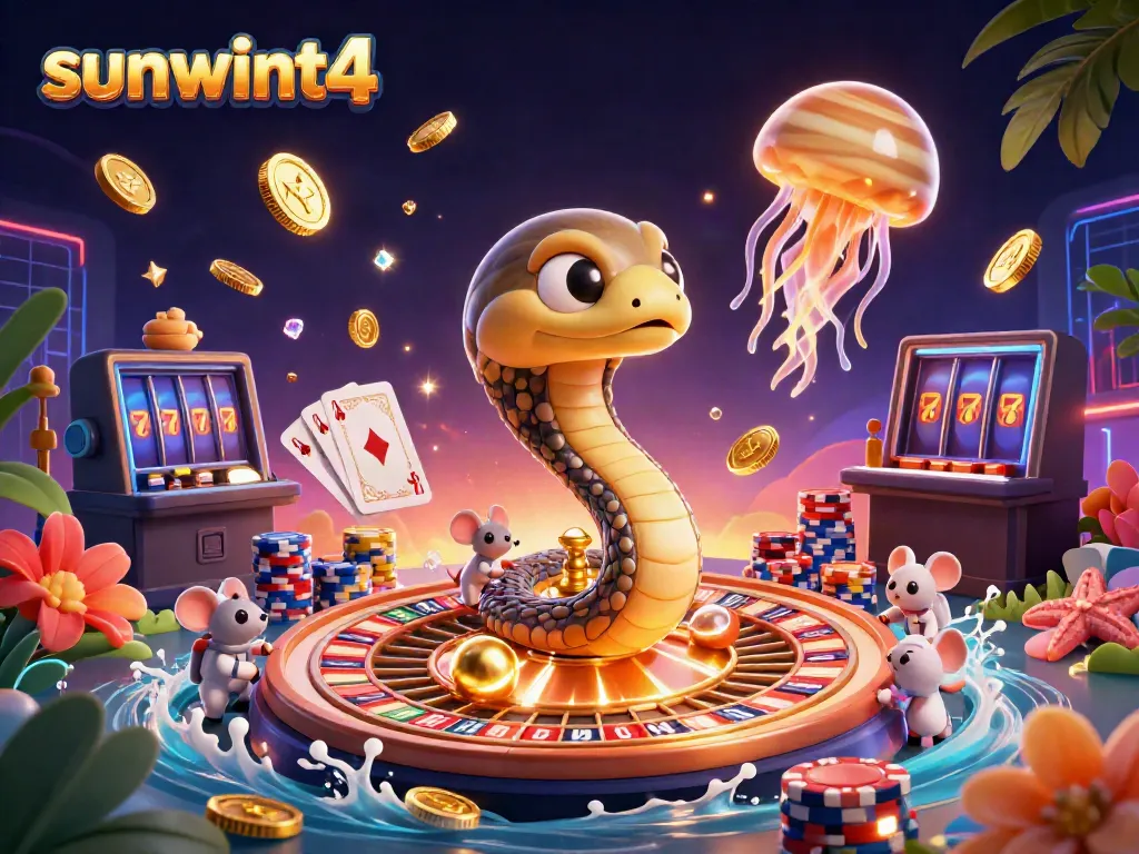 Engage with sunwint4’s exciting cosmic casino scene, featuring animated characters and vibrant gaming elements.