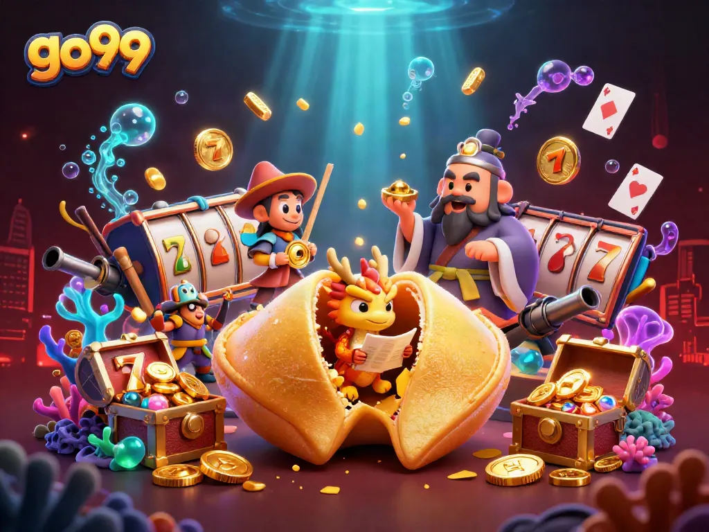Engage with the go99 fortune cookie, revealing treasures surrounded by lively gaming elements.