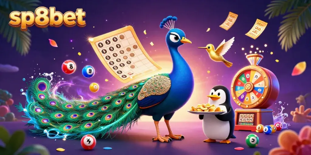 Experience the vibrant world of sp8bet as a colorful peacock and penguin navigate a casino scene filled with lottery excitement.