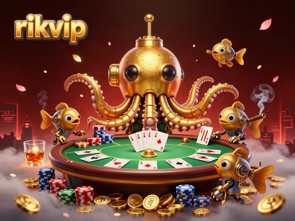 Experience the vibrant excitement of rikvip's gaming world with a golden kraken and poker elements.