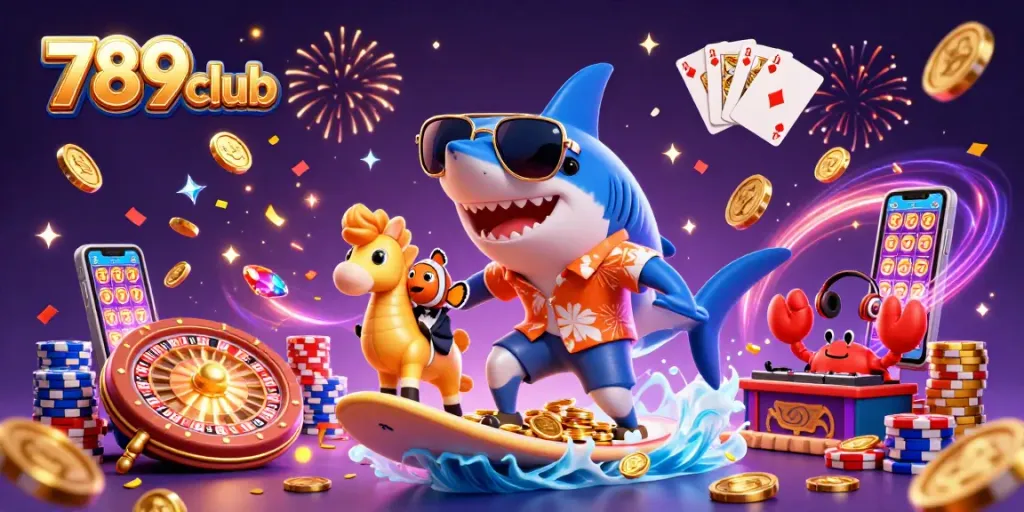 Experience thrilling gameplay with 789club as a shark surfs gold coins and wins big!
