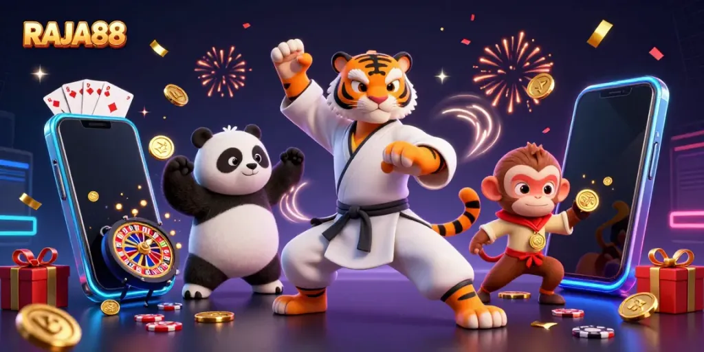 Experience the excitement of RAJA88 with a kung fu tiger and festive casino elements in dynamic illustration.