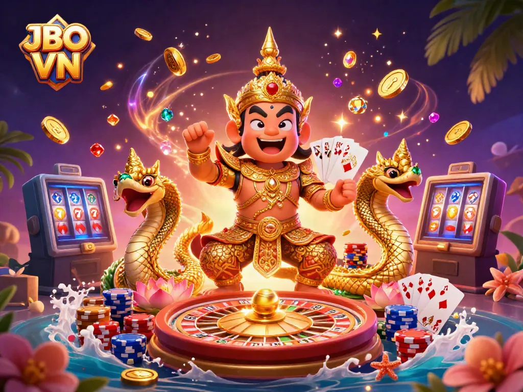 Experience thrilling gaming at JBO VN with vibrant 3D characters, dazzling coins, and exciting casino elements.
