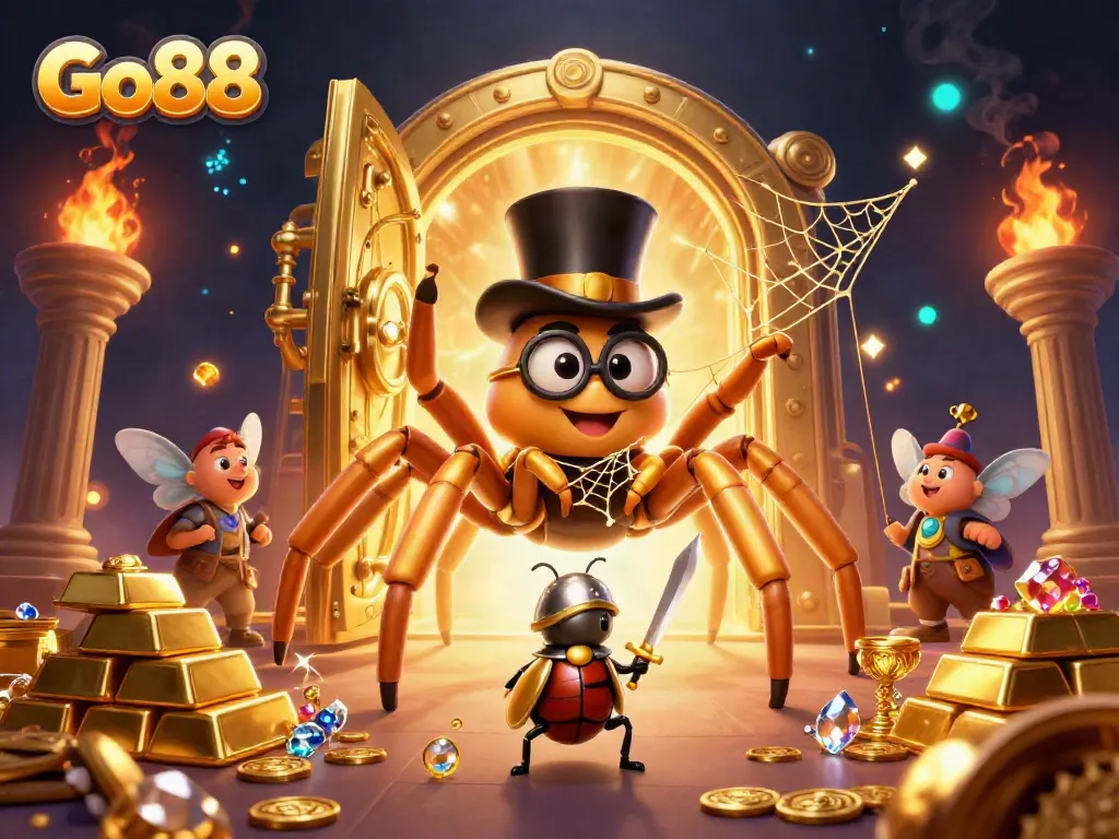 Engage with Go88's vibrant casino world of adventures featuring a brave beetle knight in a dynamic scene.