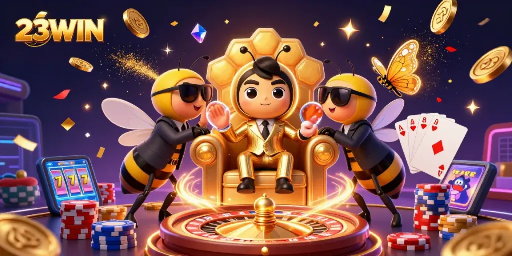 Win big with the vibrant 23WIN casino scene featuring engaging characters and dynamic elements.