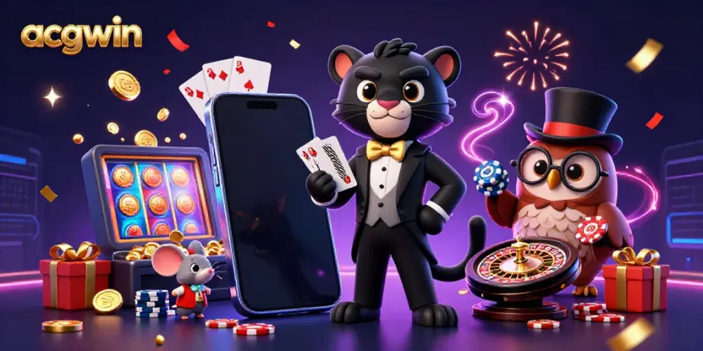 Experience acgwin's vibrant casino world with a stylish panther dealer, an owl with poker chips, and a lucky mouse amidst dynamic slot and card elements.