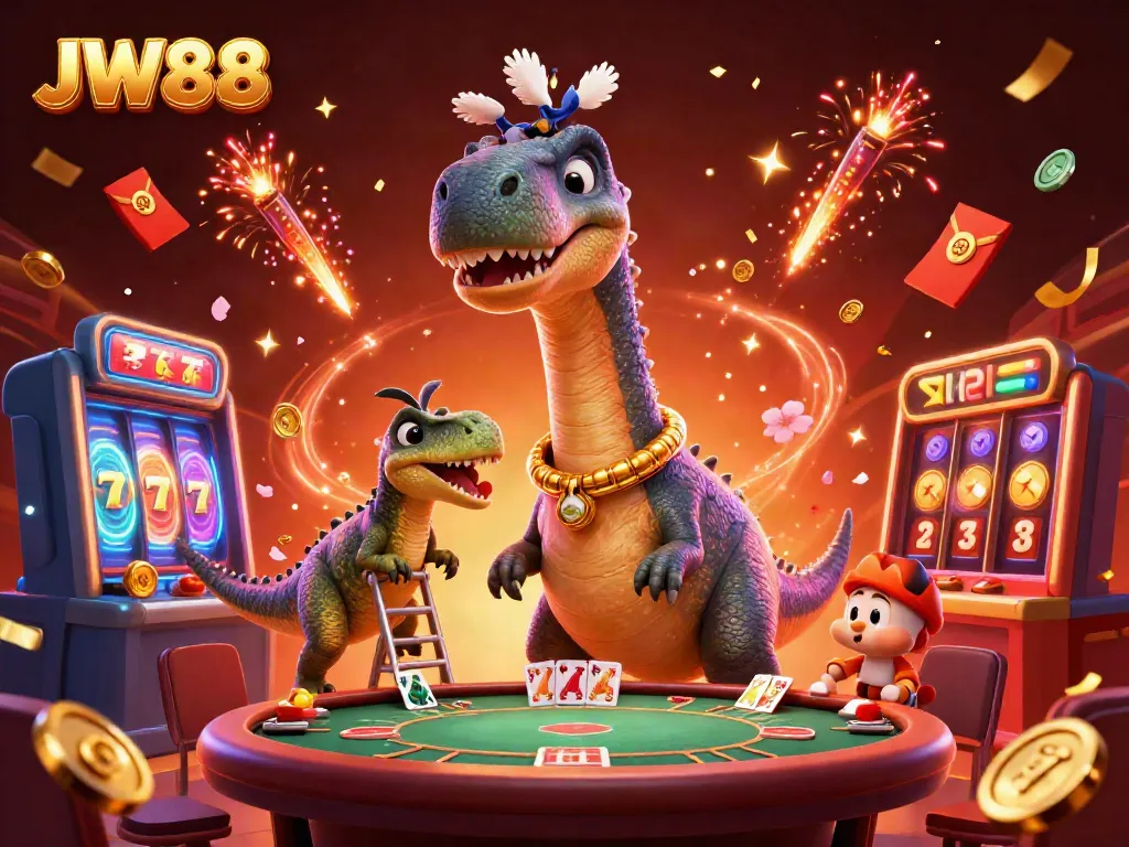 JW88 casino scene featuring a massive brontosaurus and a clever raptor in a dynamic poker setting.