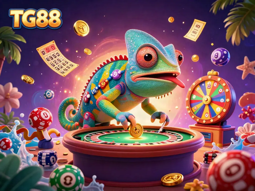 Experience the excitement of gambling at TG88 with our vibrant chameleon casino illustration.