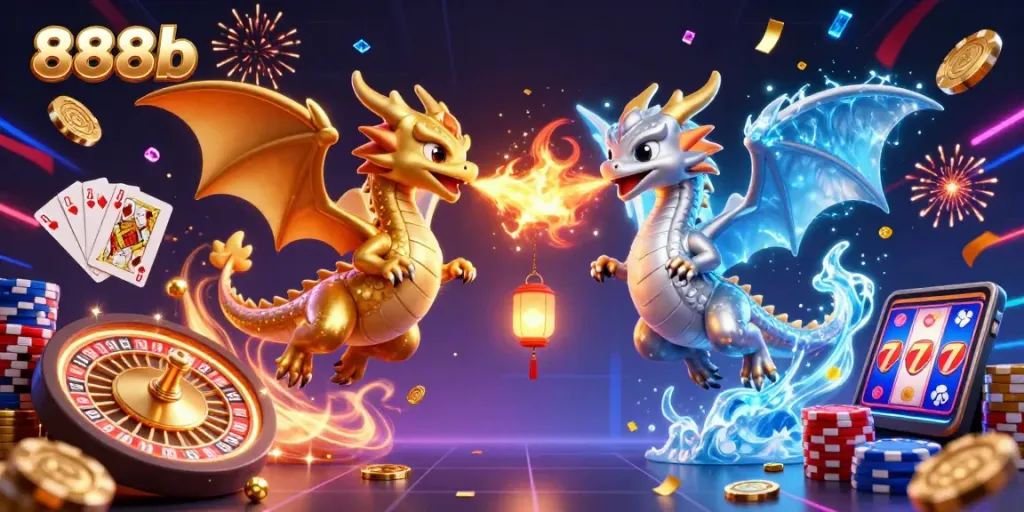 Play casino games with 888b featuring gold and silver dragons in a festive atmosphere of coins and gems.