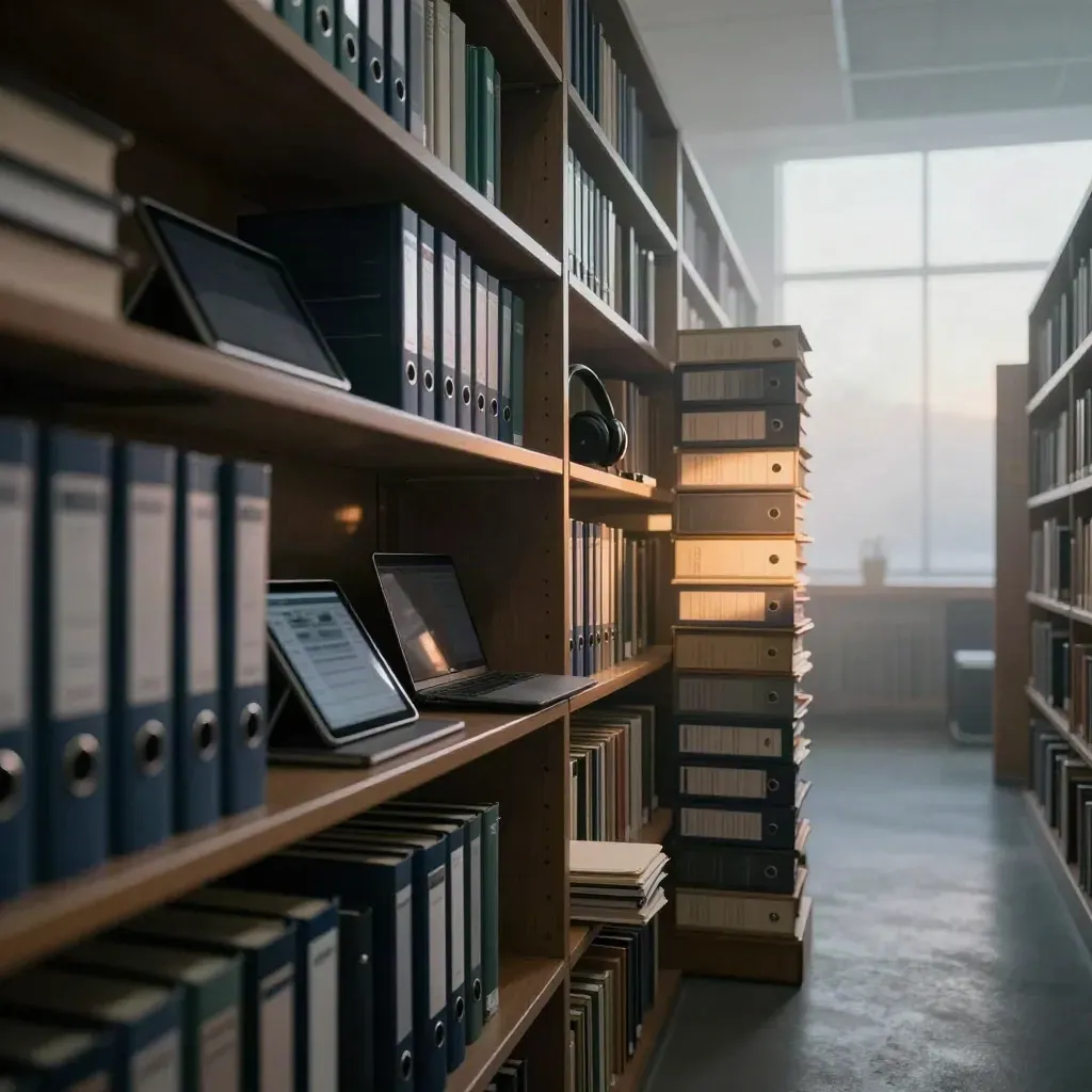 Mroczna biblioteka szkolna z tabletami, laptopami i segregatorami w porannym świetle
