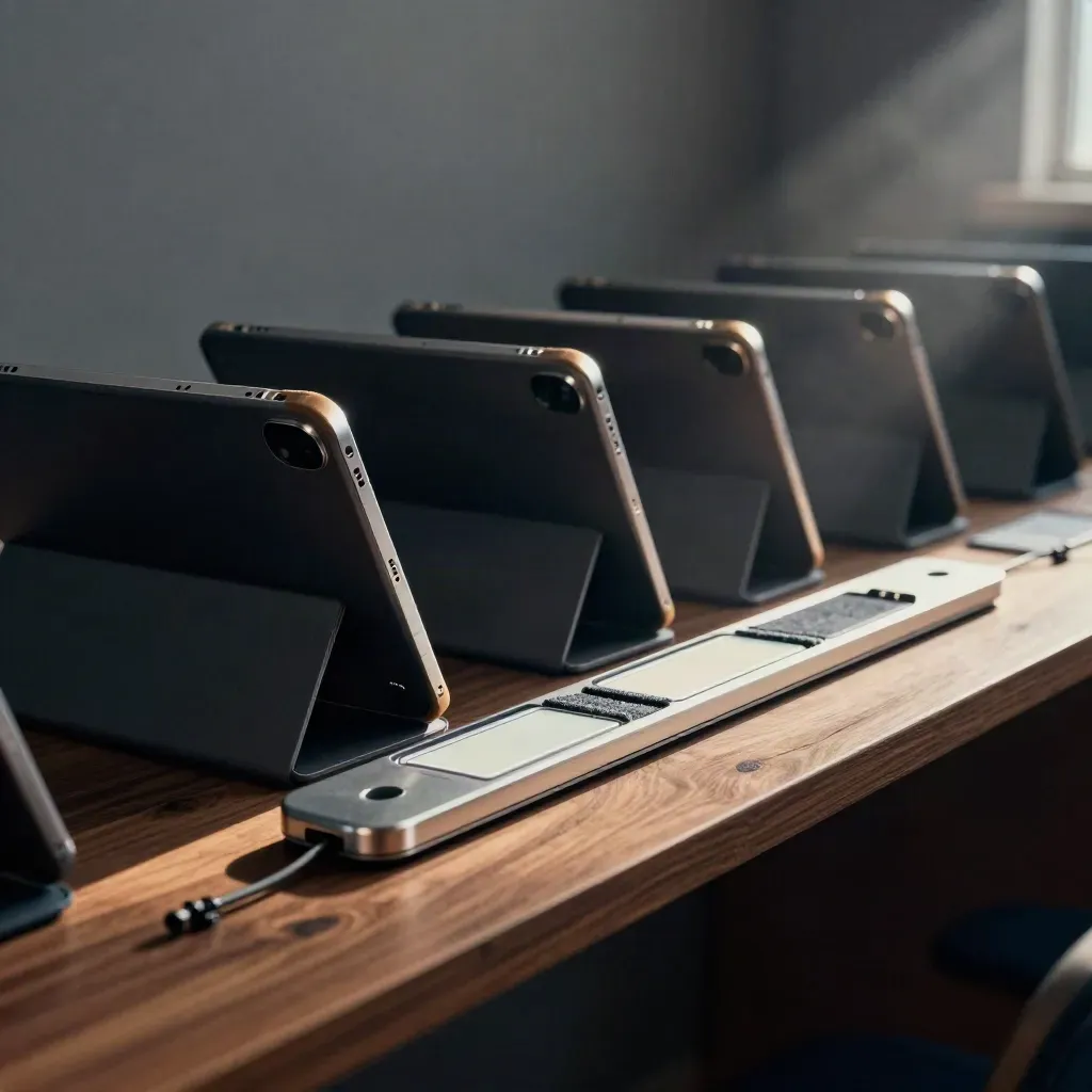 Rząd tabletów na ładowarce w szkolnym kąciku, z kartami dostępu i chłodną mgłą.