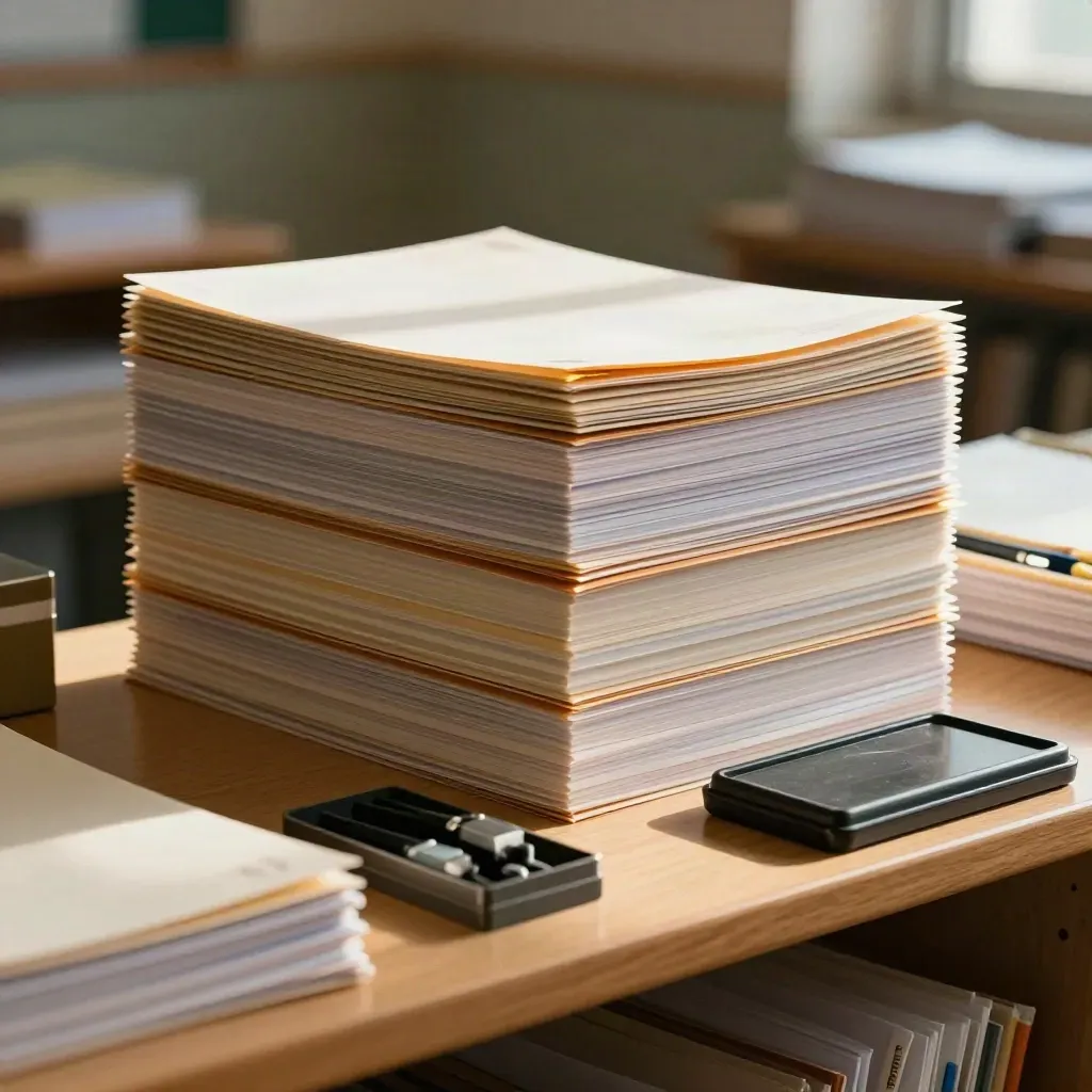 Stos laminowanych materiałów do lekcji w szkolnej pracowni, w ciepłym złotym świetle.