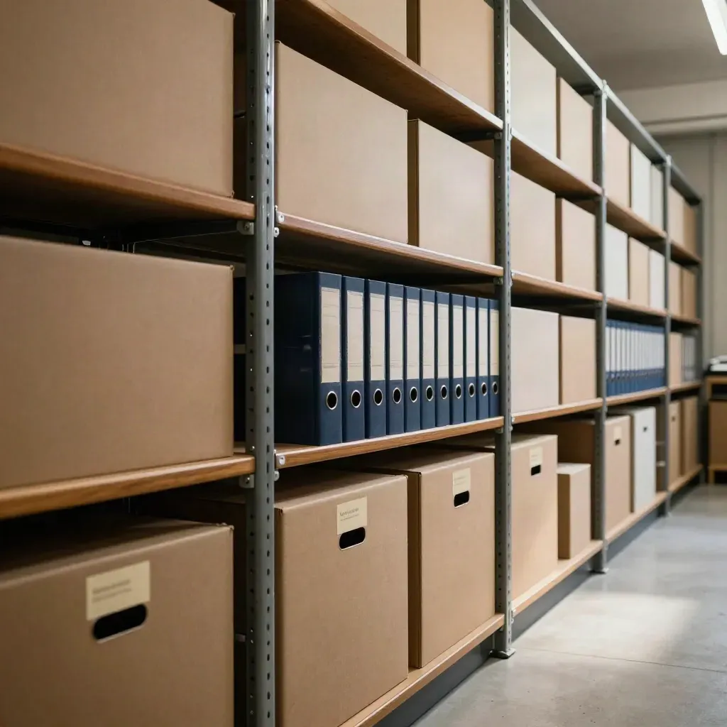 Uporządkowane archiwum materiałów szkolnych we Wrocławiu z regałami i segregatorami.