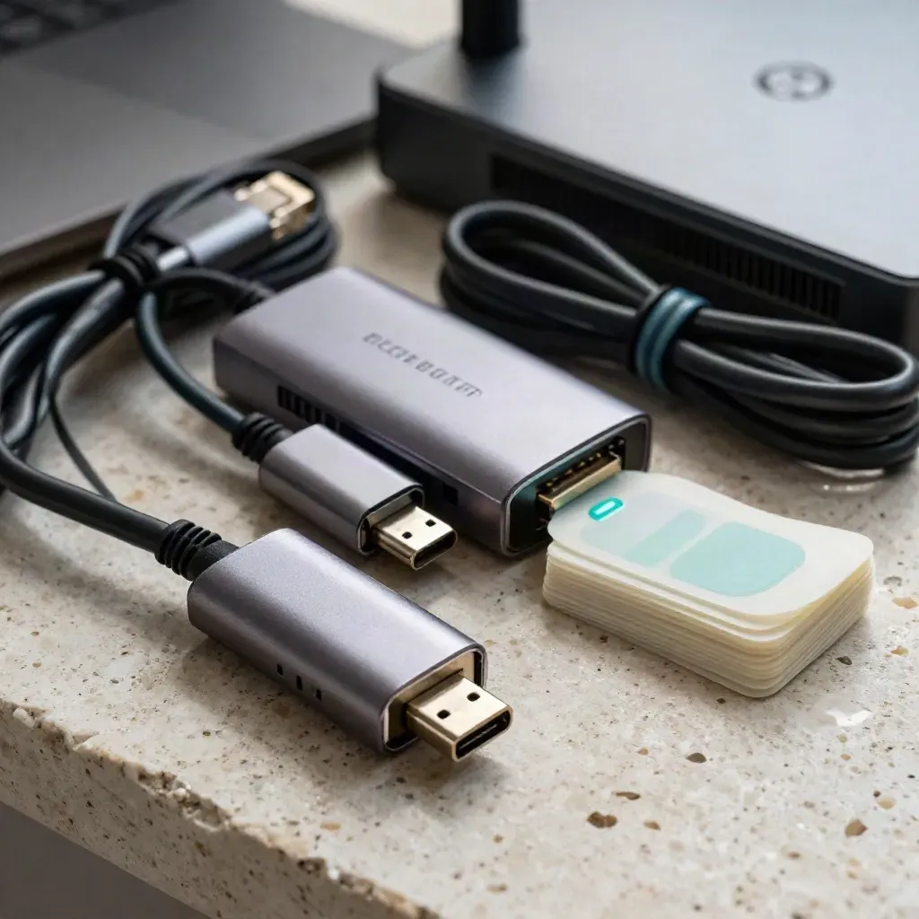 Zestaw wdrożeniowy: router, huby USB-C, kable ethernet i etykiety na travertynie.
