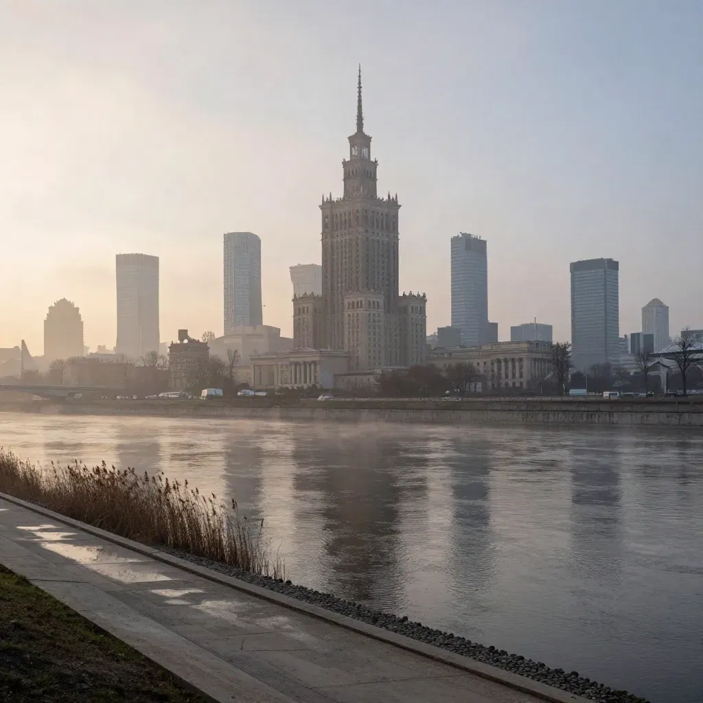 Warszawa nad Wisłą o świcie, panorama miasta wysoko nad spokojnym, mglistym nabrzeżem.