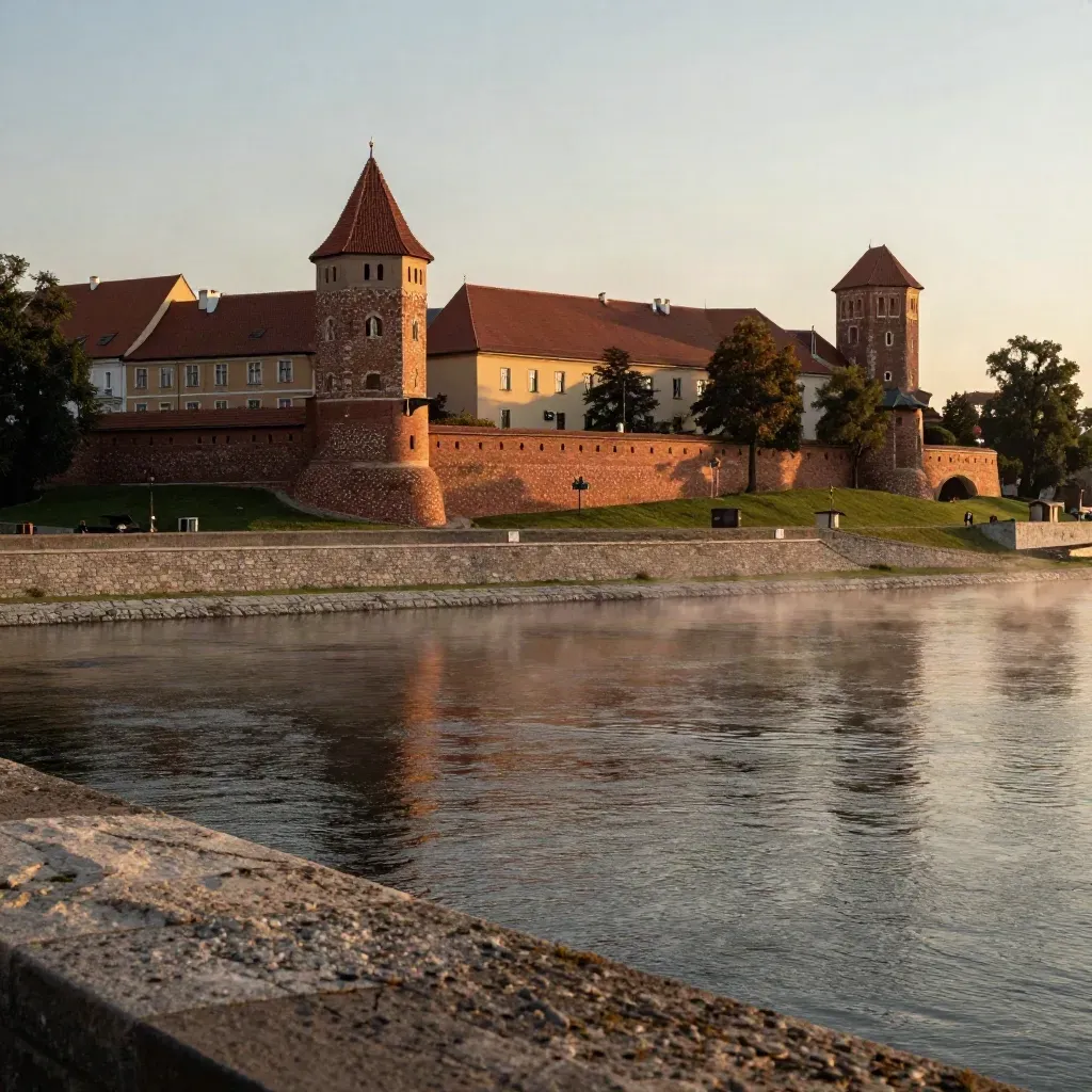 Wawel nad Wisłą o zachodzie, złote dachy Krakowa i spokojna rzeka pod lekką mgłą