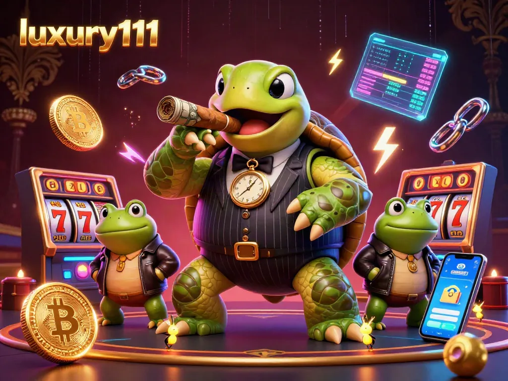 Experience exciting casino action with luxury111 featuring a cartoon turtle and jackpot symbols.