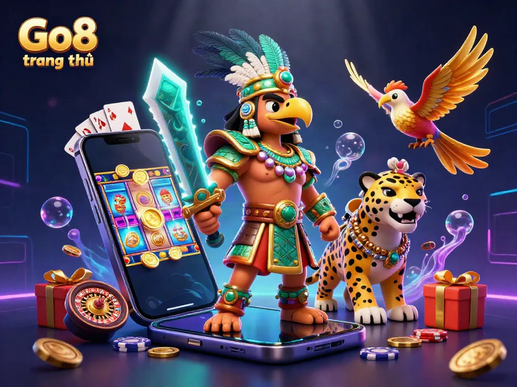 Engage with Go8 trang chủ through an epic adventure featuring Aztec warriors in a vibrant 3D casino scene filled with exciting games.