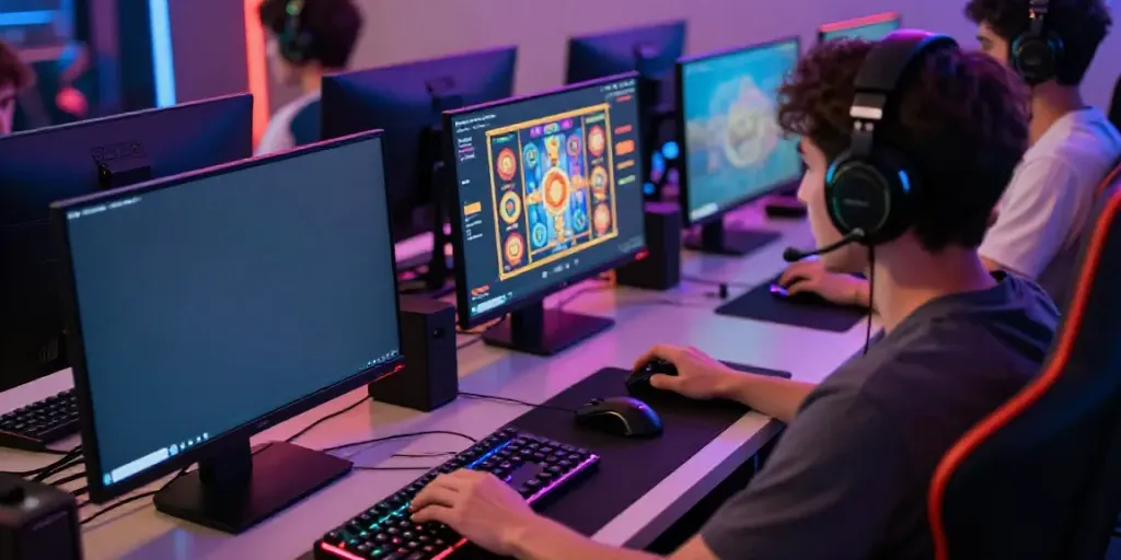 Engaging online gaming experience featuring kayu77 slot machine interface and enthusiastic player.