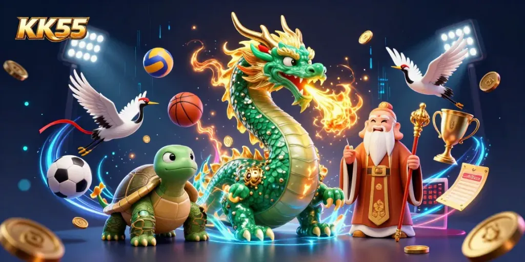 Engage with KK55 in this vibrant 3D casino scene filled with lucky symbols and sports excitement.