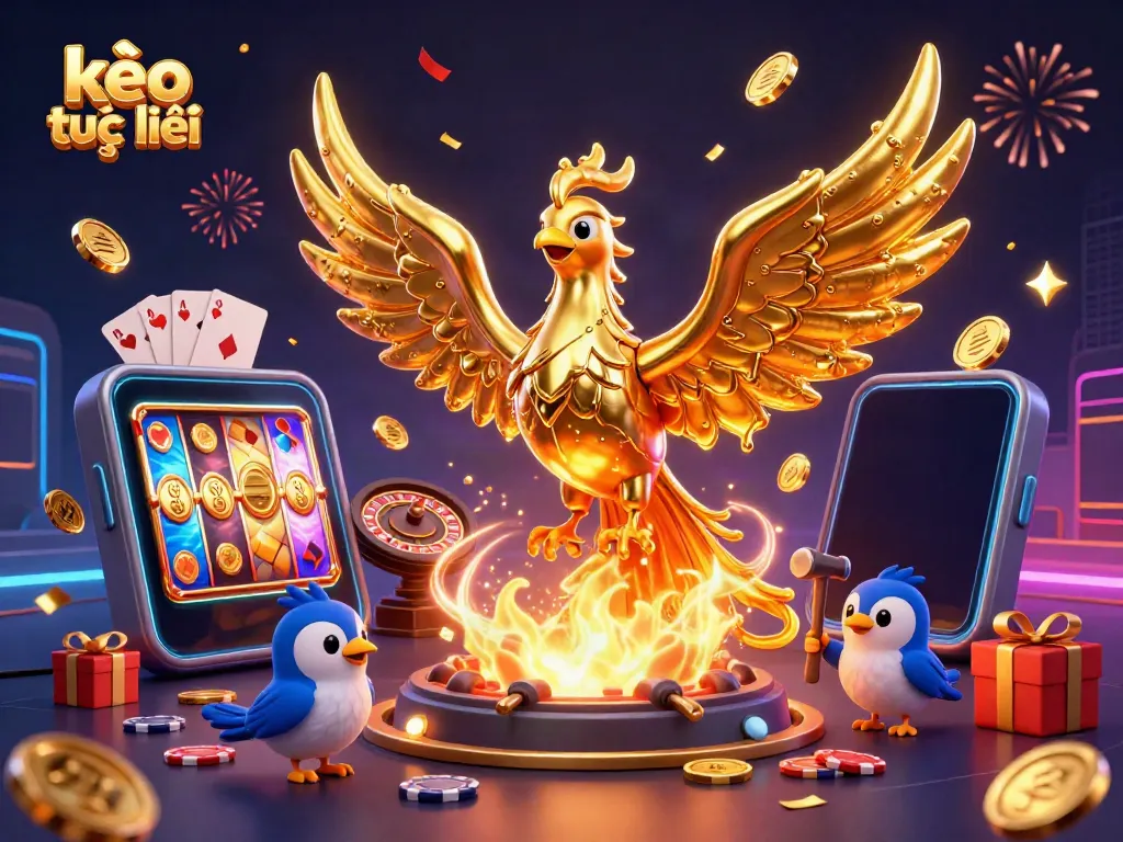 Experience vibrant kèo trực tuyến gaming with a molten golden phoenix surrounded by casino elements.