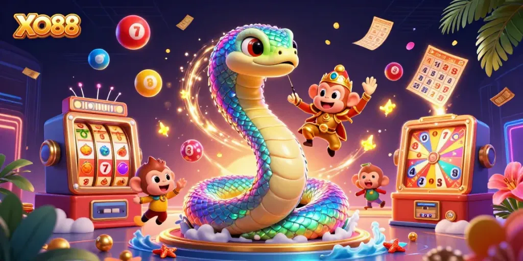 Engage with the vibrant XO88 casino world featuring a rainbow serpent and casino elements.