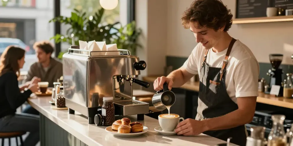 Barista di pangkutoto menyajikan kopi dengan latte art di kafe modern.