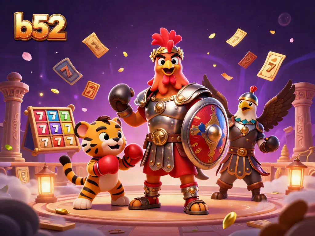 Experience the thrill of b52 with a vibrant dynamic scene featuring a rooster gladiator, lucky slot reels, and jackpot excitement.