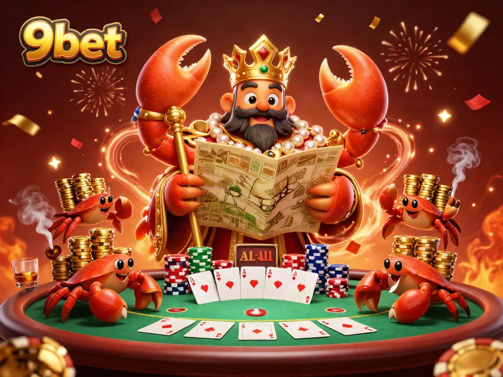 Engage with 9bet through a vibrant, dynamic illustration of a casino scene featuring a golden crab emperor and vibrant poker elements.