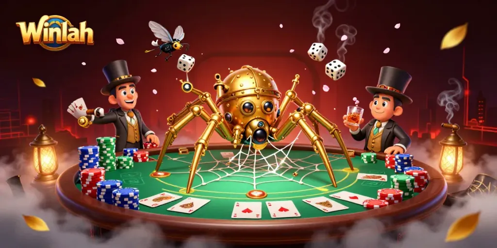 Winlah captures winning poker strategies with a steampunk spider and dice in a colorful casino web.